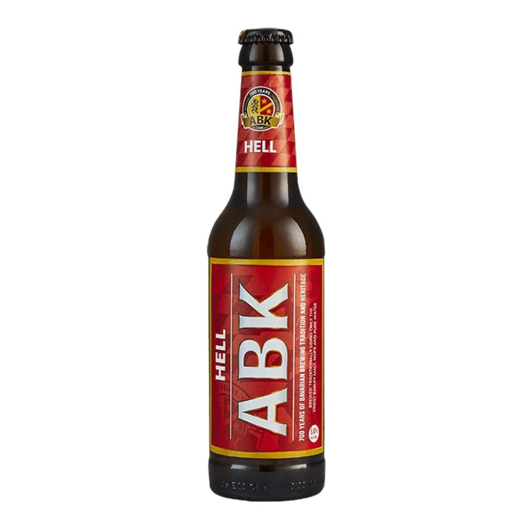 330ml bottle of abk hell beer on a white background