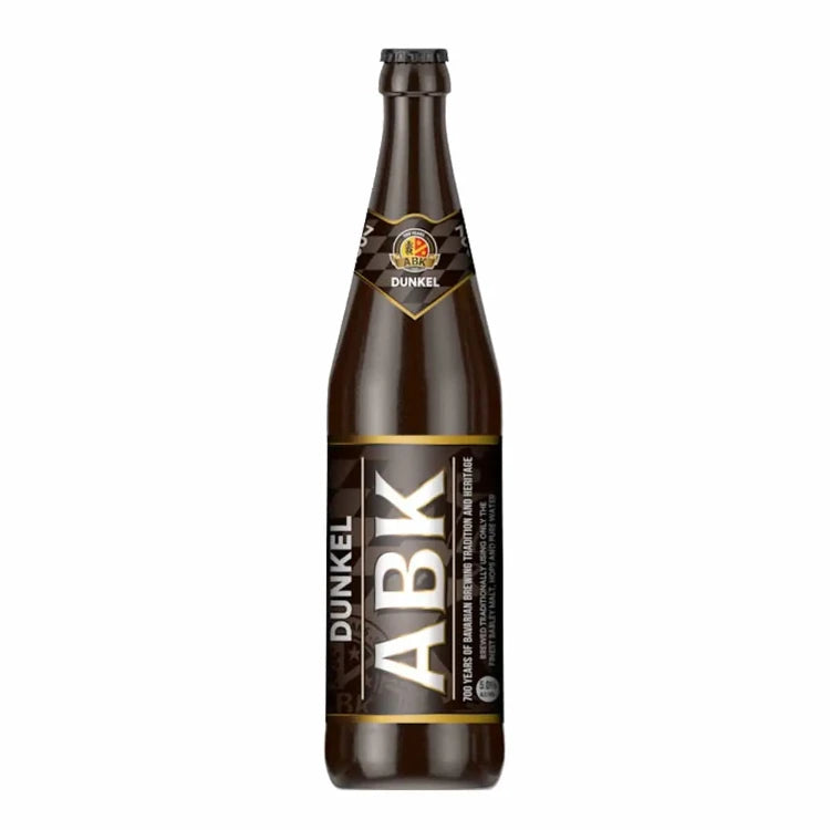 A bottle of ABK Dunkel on a white background 