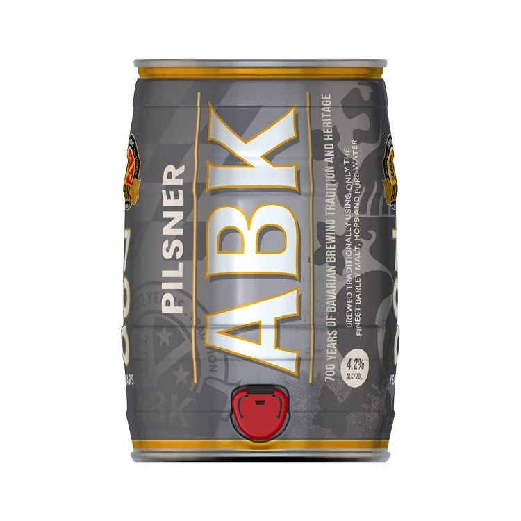 A keg of of abk brewery pilsner on a white background