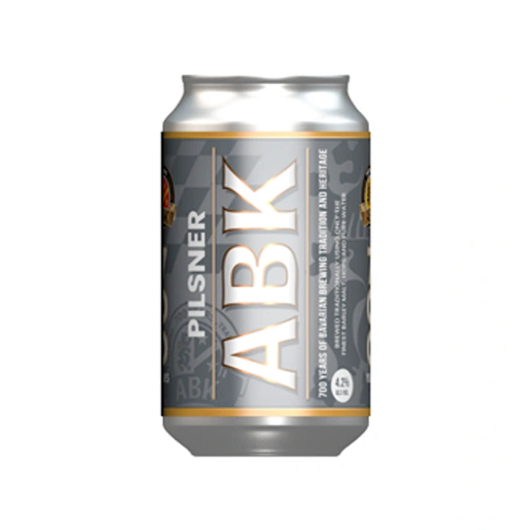A beer can of abk pilsner on a white background